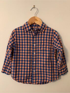 CREWCUTS Boys Button Down Shirt Size 3T Tangerine Orange & Blue Gingham EUC
